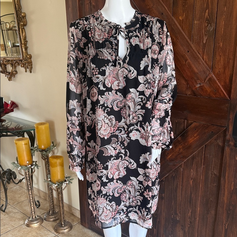 LOFT Black Dress with Pink Paisley Print and Tie Neck